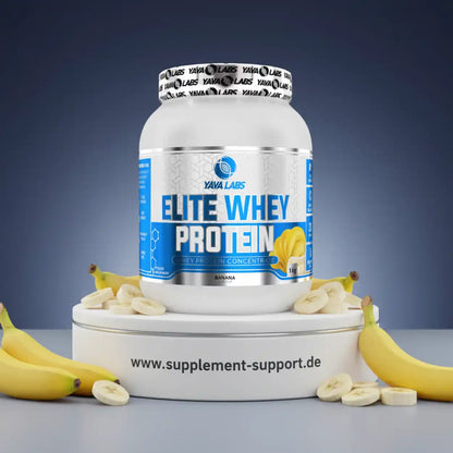 Yava Labs Elite Whey Protein Banane, 1kg Eiweißpulver mit Bananen umgeben