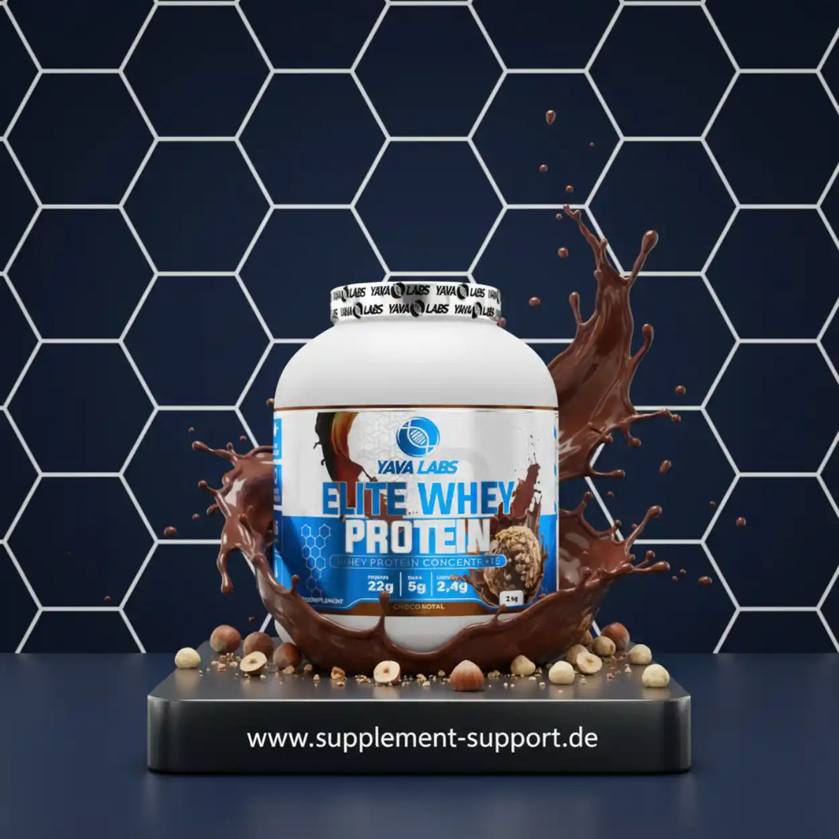 Elite Whey Protein von Yava Labs mit Schokoladen-Splash und Haselnüssen