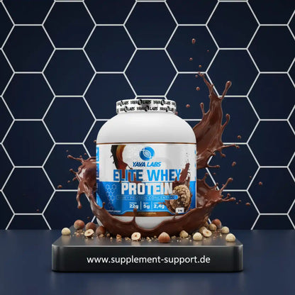 Elite Whey Protein von Yava Labs mit Schokoladen-Splash und Haselnüssen