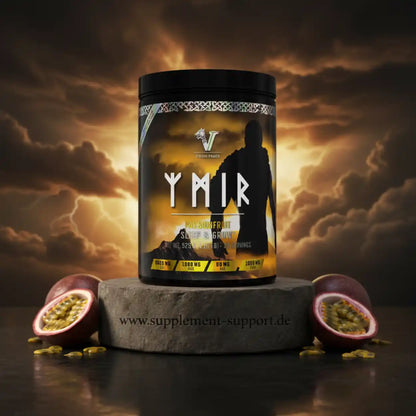 Ymir Passionfruit Sleep & Grow Nahrungsergänzung mit Maracuja und dramatischem Hintergrund