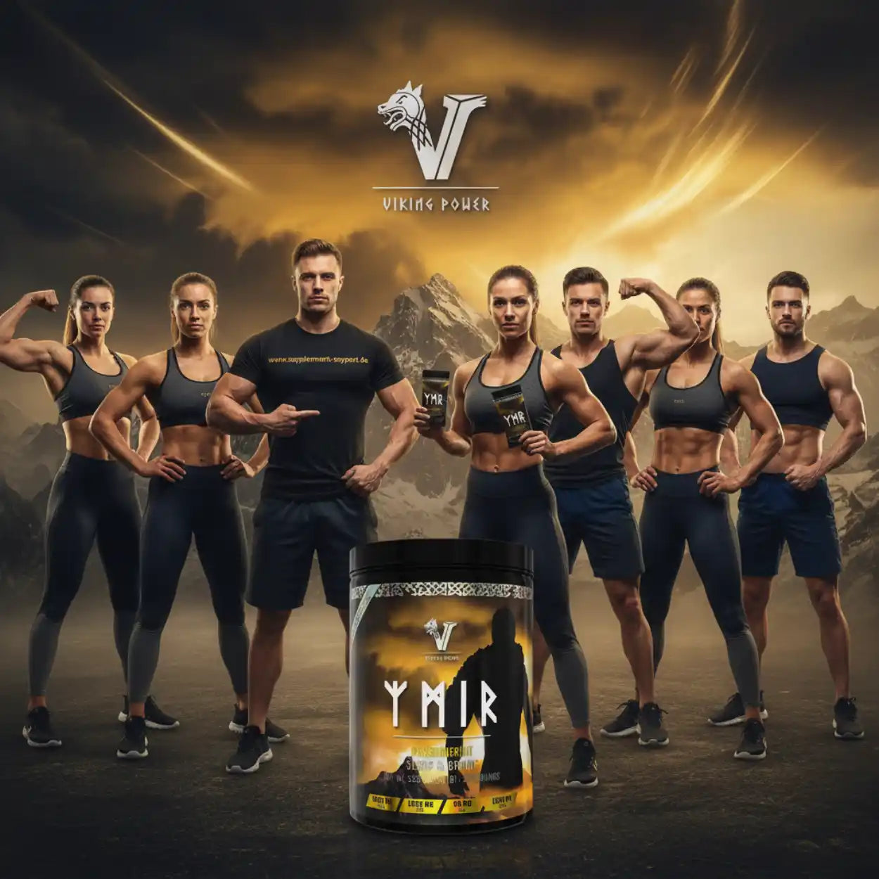 YMIR Protein Powder mit muskulösen Athleten vor Bergkulisse, ideal für Fitness und Muskelaufbau