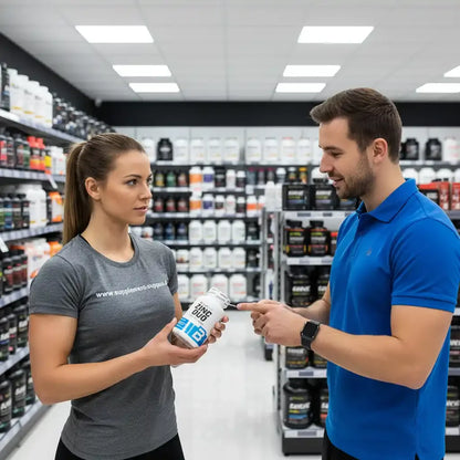 Beratung zu Nahrungsergänzungsmitteln im Supplement-Shop mit Protein und Vitaminen